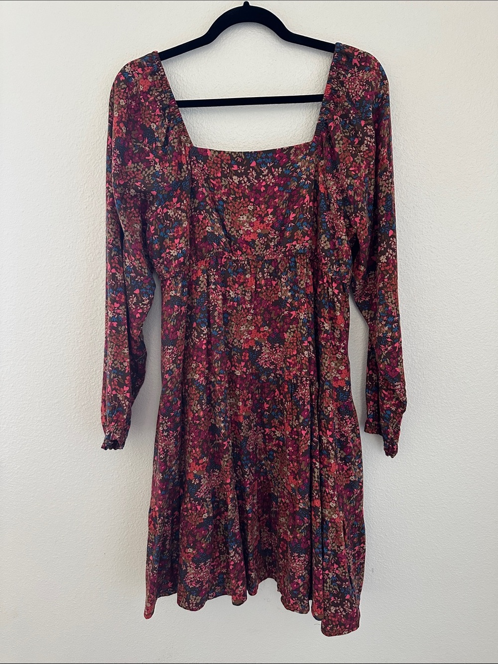 Time and Tru Burgundy Floral Square-Neck Long-Sleeve Midi Dress